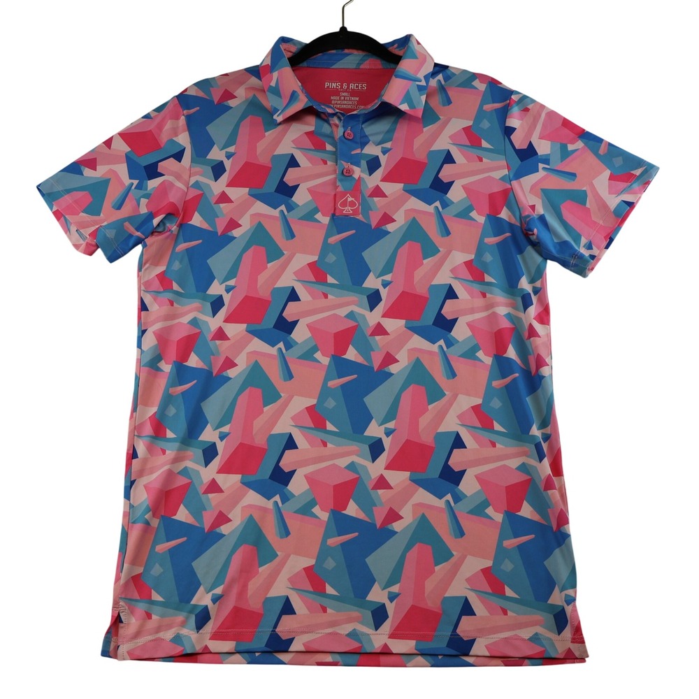 Pins & Aces Mens Small Polo Shirt Pink Blue Geometric Retro 3D Print Golf